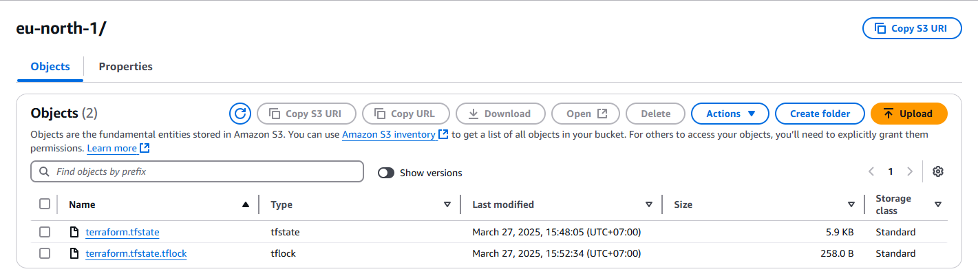 S3 console: the bucket holds terraform.tfstate alongside a terraform.tfstate.tflock object created during the operation