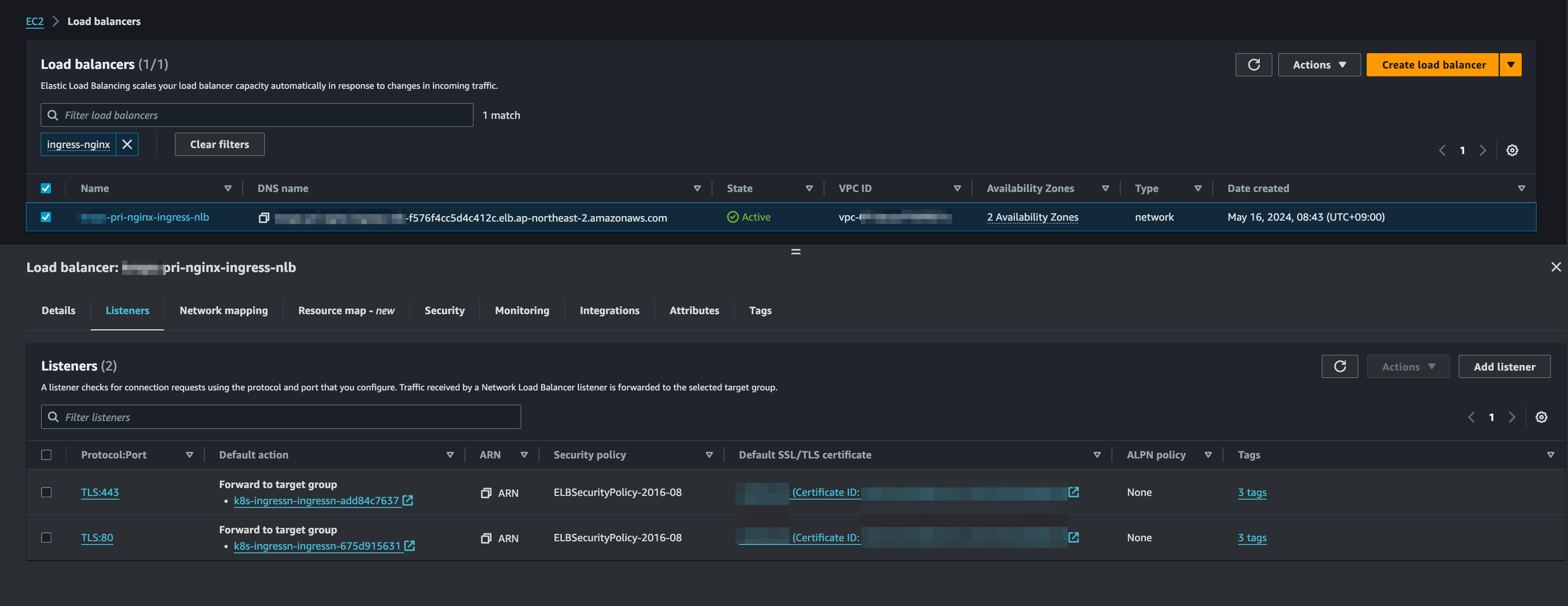 AWS console: the ingress-nginx NLB with two TLS listeners, on ports 443 and 80, each forwarding to a target group with an ACM certificate attached